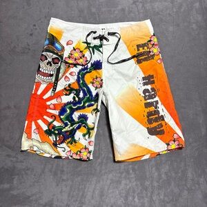 Ed Hardy By Christian Audigier Swim Trunks Board Shorts Dragon Art Sz 34